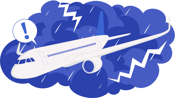 Illustration of an airplane flying through storm clouds with an alert symbol, representing Aziz Trial Law’s expertise in cruise and aviation accident litigation.