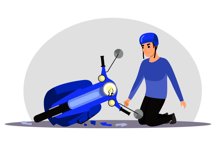 Illustration of an injured motorcyclist beside a fallen bike, representing motorcycle accident recovery and personal injury legal support by Aziz Trial Law.