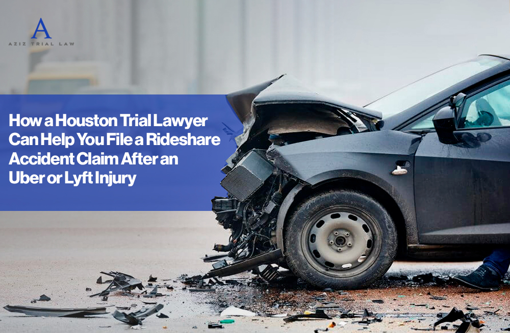 Damaged car after a serious collision, illustrating rideshare accident claims handled by Houston trial lawyers at Aziz Trial Law.