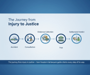 Infographic titled 'The Journey from Injury to Justice,' showing a 5-step legal process: Accident, Consultation, Evidence Collection, Trial, and Settlement/Verdict, guided by Houston trial lawyers.
