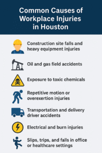 Infographic illustrating the most common causes of workplace injuries in Houston, including construction site falls, oil and gas accidents, toxic chemical exposure, repetitive motion injuries, transportation crashes, electrical and burn injuries, and slips or falls in office or healthcare environments.