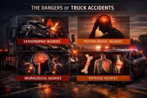 Infographic titled 'The Dangers of Truck Accidents' showing four injury types—catastrophic, psychological, neurological, and physical—against a dramatic truck-car crash scene with emergency responders.