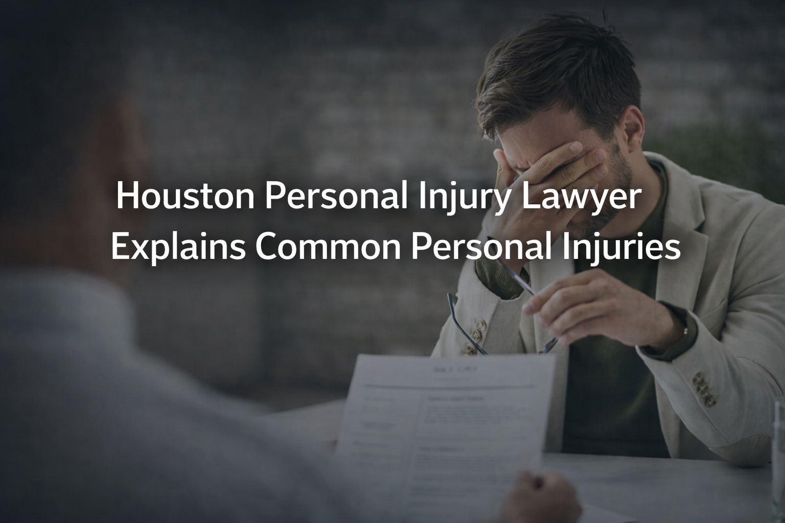 Houston personal injury lawyer consulting with distressed client over legal documents, highlighting common injury claims and legal advice.