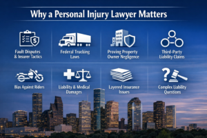 Why a personal injury lawyer matters in Houston, highlighting fault disputes, federal trucking laws, property owner negligence, third-party liability claims, insurance issues, and complex personal injury cases.