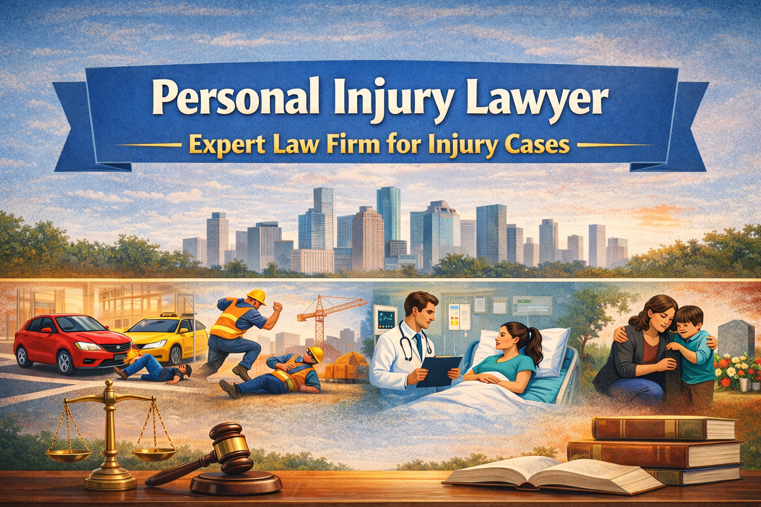 Personal injury lawyer ad featuring accident scenes, medical consultation, and justice symbols for legal services.